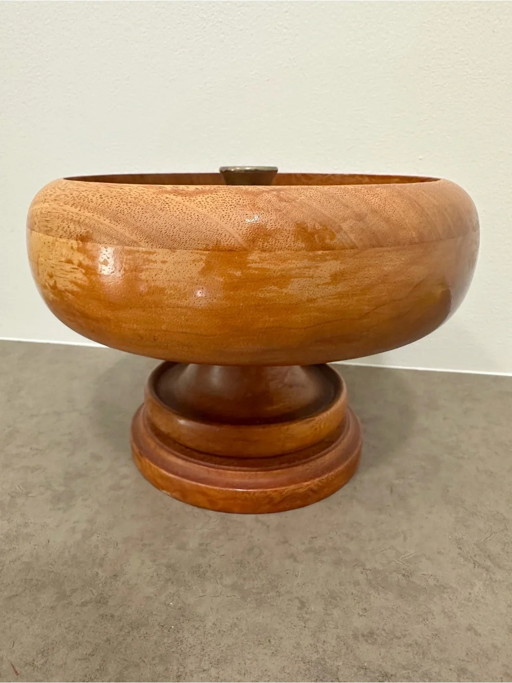 Vintage Hand-Turned Wood Pedestal Nut Bowl Warm Honey Brown Brass Cracking Anvil